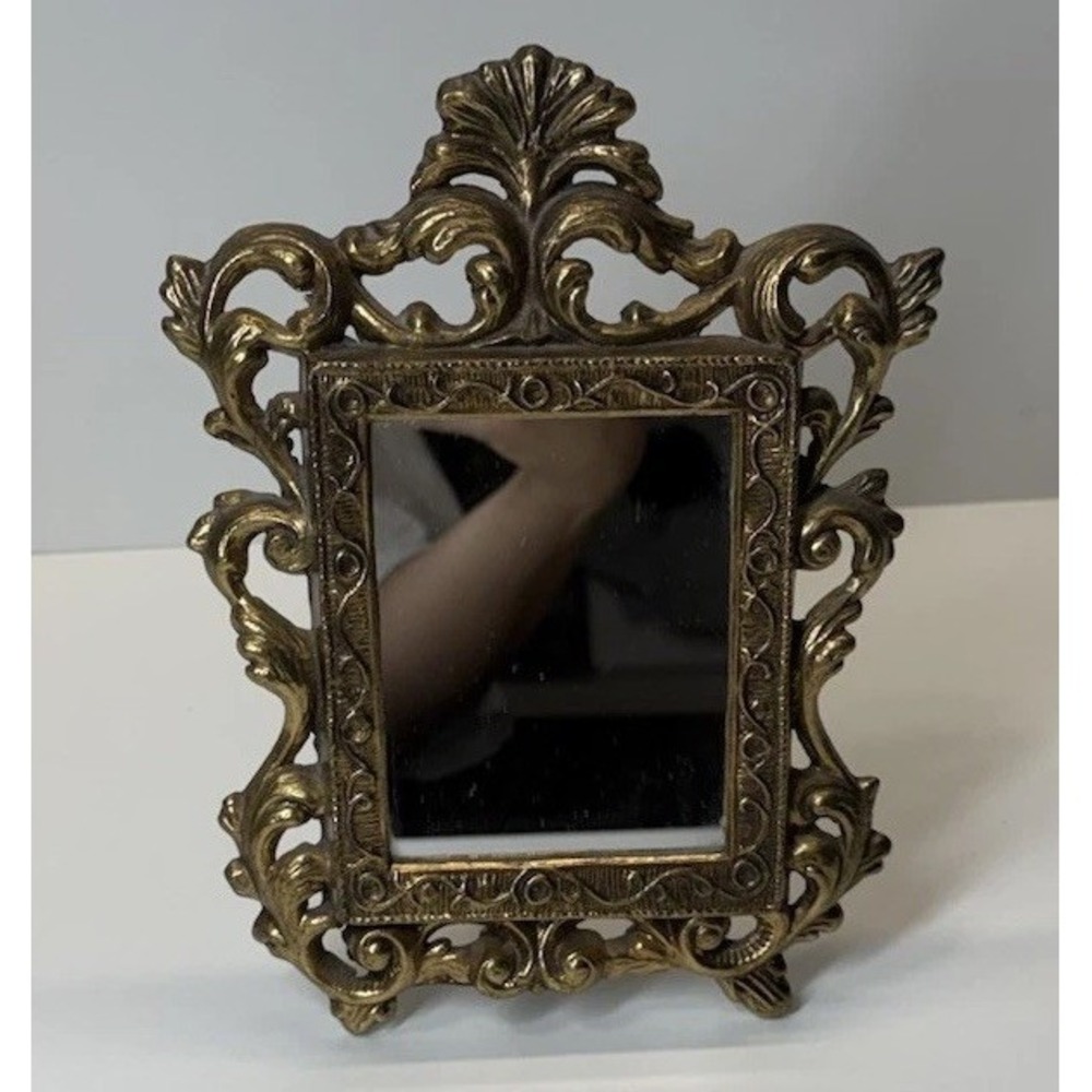 Vtg Gold Vanity Mirror Ornate Rococo Hollywood Regency Tabletop Easel Baroque
